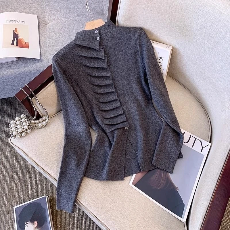 Half High Neck Pleated Sweater Solid Color Leisure Loose Knitwear Pullover Autumn New Korean Style Long-sleeved Sweater Women