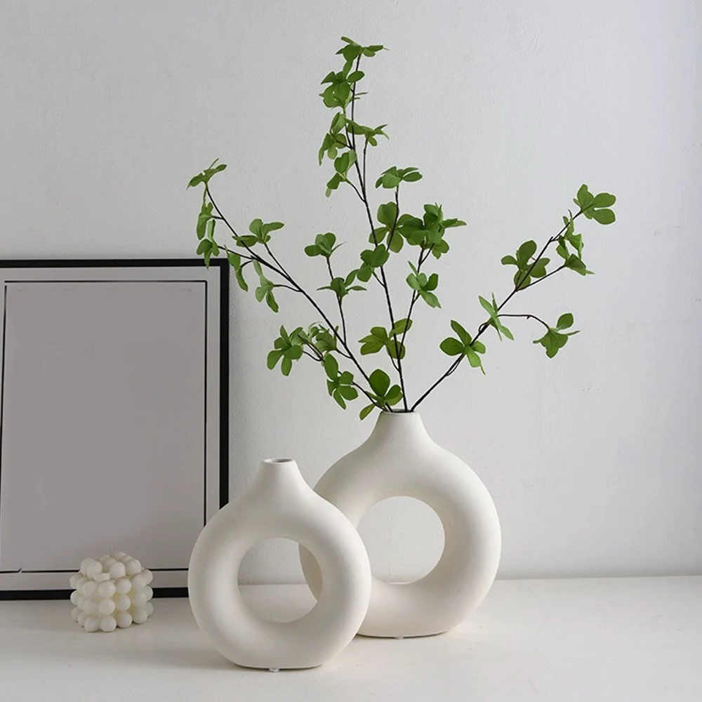 Nórdico Branco Circular Oco Vaso De Flor, Criativo Donut Forma, Plástico, Casa, Escritório, Desktop, Decoração Da Sala De Estar, Vaso De Flores