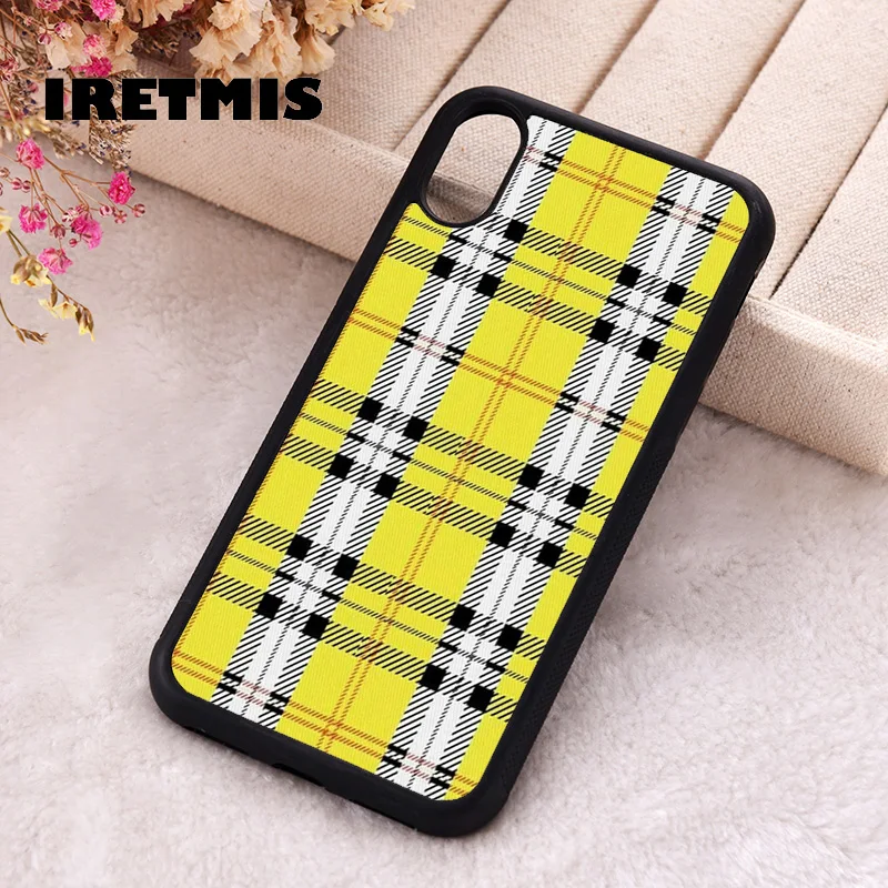 Iretmis Phone Cover Case For iPhone X XS Max XR 11 12 13 PRO MINI 14 15 16 Plus Rubber Silicone Scottish fabric yellow