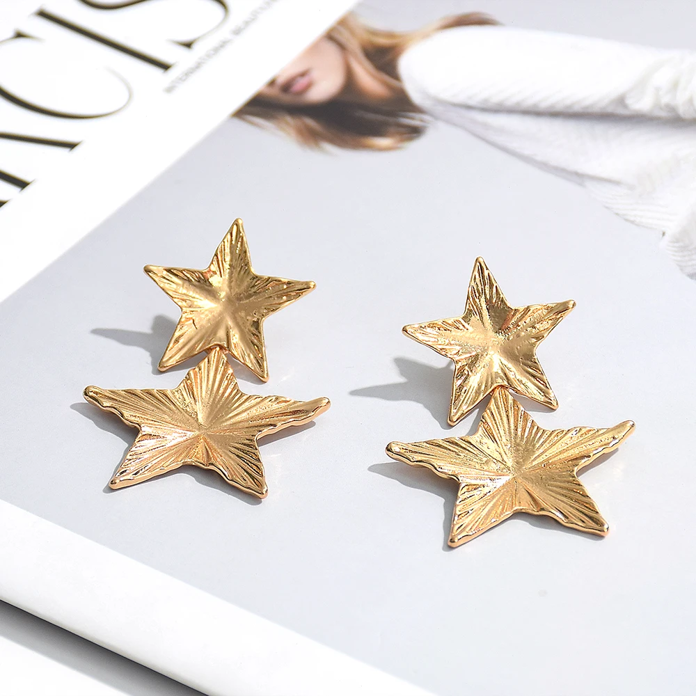 Fashion Metal Double Star Shape Dangle Earrings for Women Creative Gold Silver Color Five Stars Drop Earrings Party Jewelry