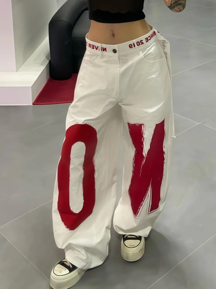 

Retro American Design Color Block Letter Print Denim Pants Women Sexy Trendy Straight Leg Jeans Casual Wear All Seasons