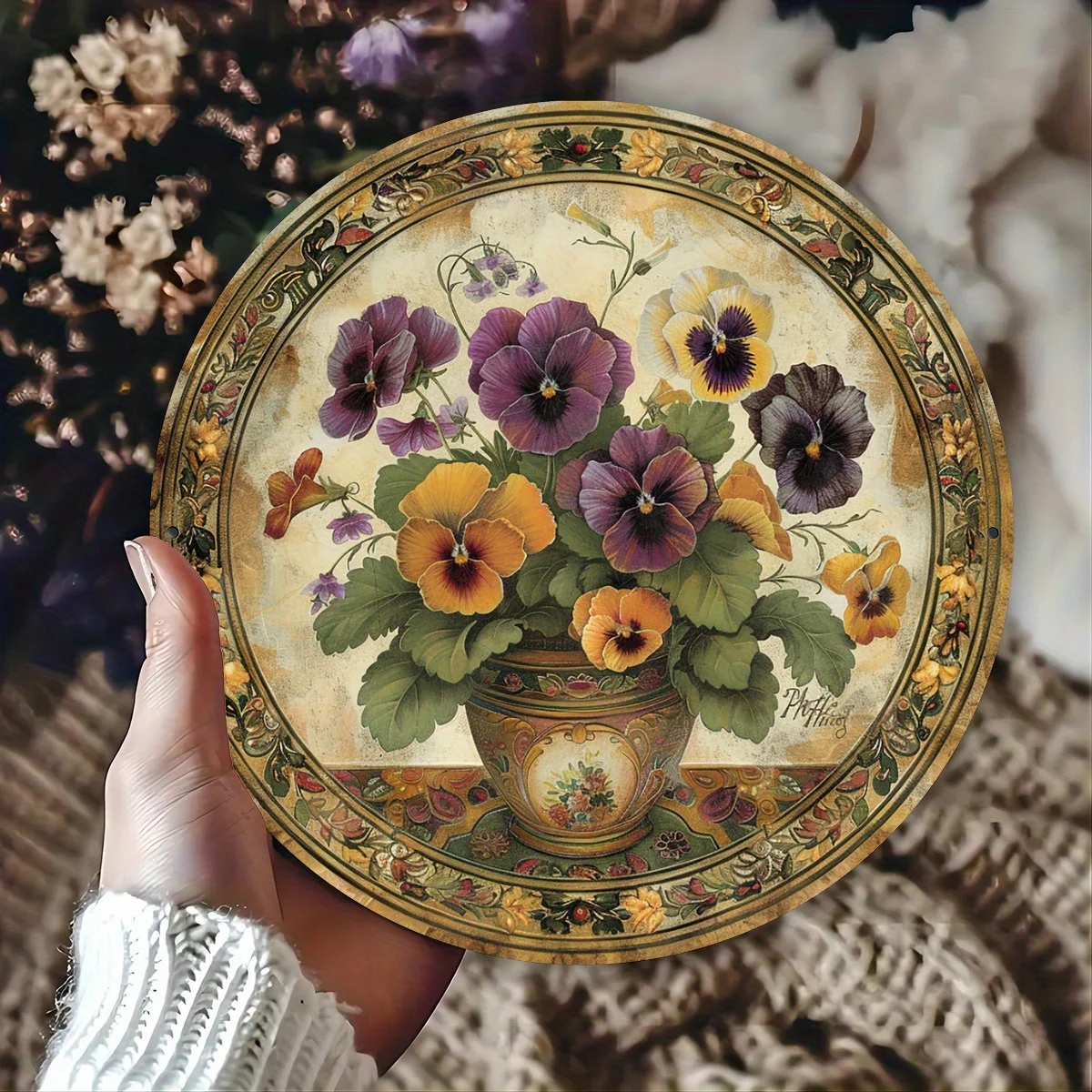 Vintage-style pansy wall decoration with an elegant floral d