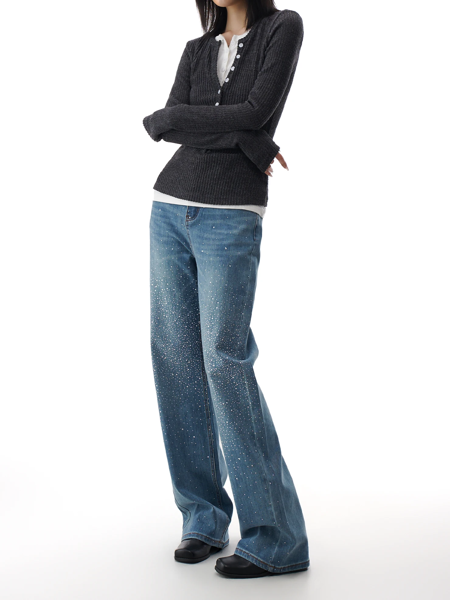 

Синие джинсы с высокой талией и стразами для женщин, прямые, повседневные, весна 2026, с дизайном в виде бриллиантов, длина в пол