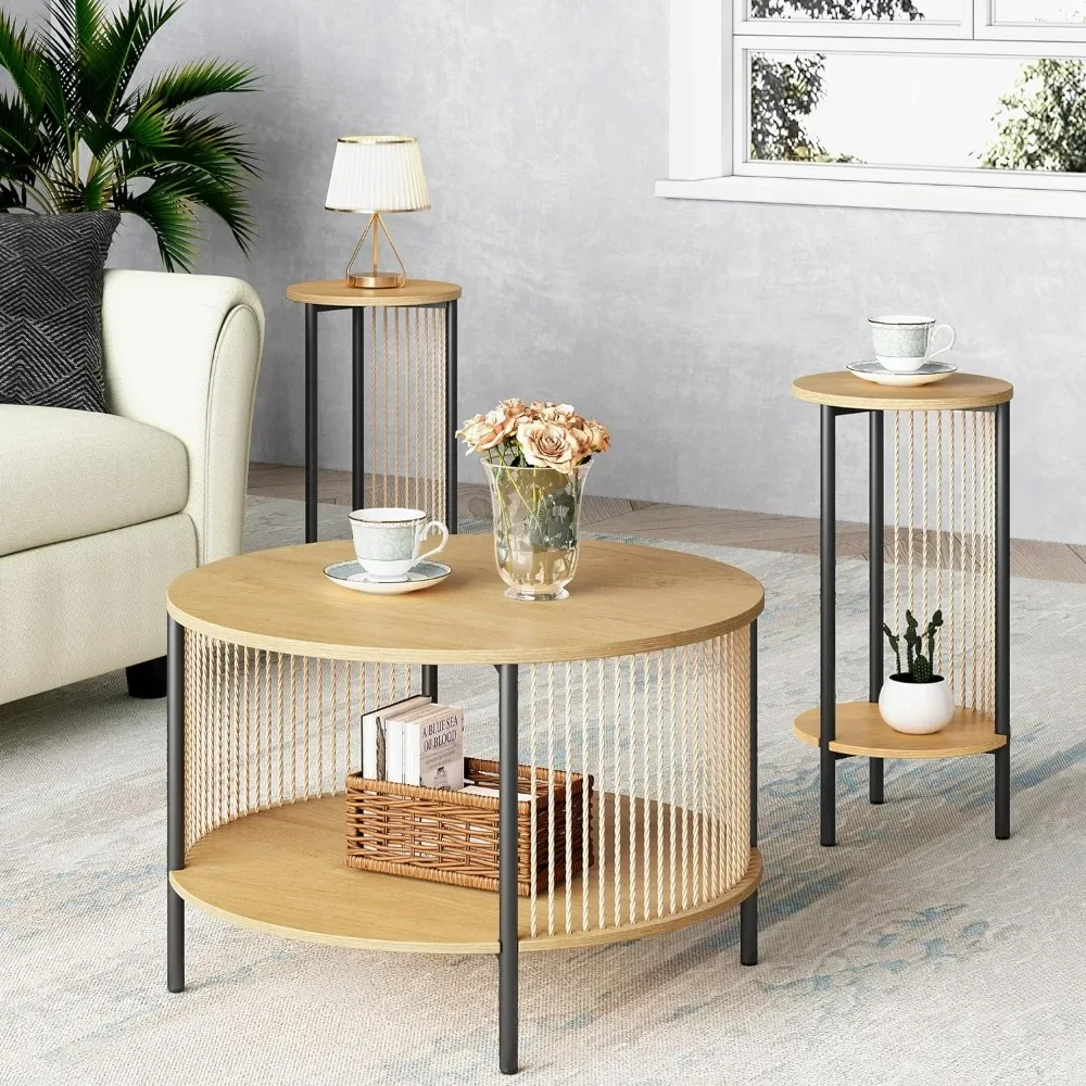 

Coffee Table Set of 3, Natural Fiber Rope Round Wooden Rattan Coffee Tables and Two End 2 Tier Side Tables, Café Tables