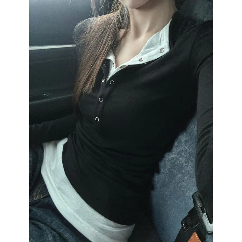 

Women's Spring Autumn Long Sleeve T-Shirt Wear Base Shirt Spicy Girl Retro Fake Two-piece V-neck Long-sleeved T-shirt