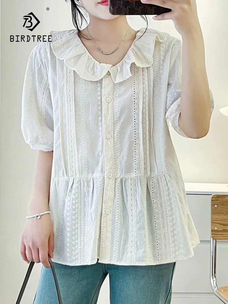 

New Spring Cotton Solid Shirt Women Lace Collar Short Sleeve Literature Top Girl Loose Casual Sweet Blouses 2024 Autumn T44804QC