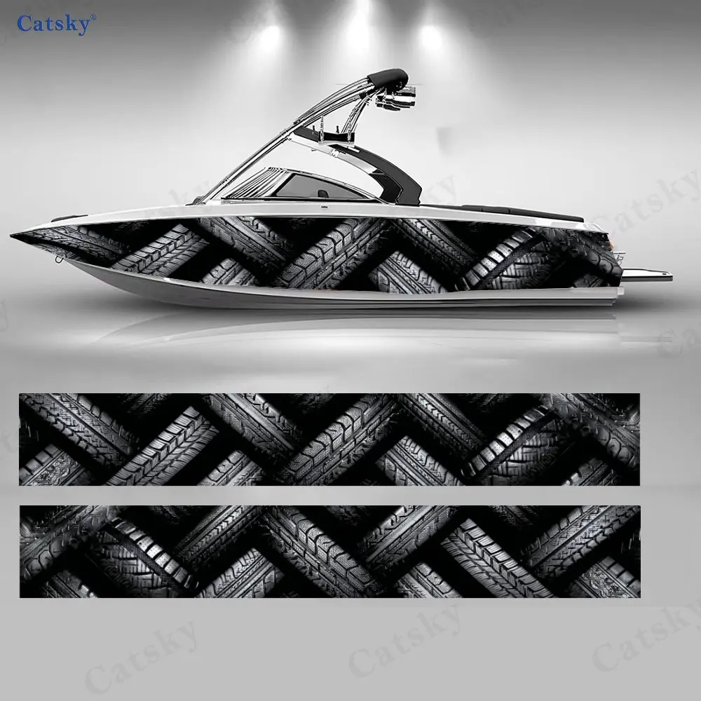 

2Pcs Tire Tread Interwoven Boat Stickers, PVC Waterproof Durable Vinyl Wrap Decals for Fishing Boats, Durable and Stylish Design