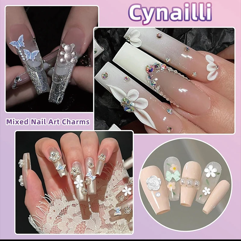 24-Piece 3D Y2K Millennial Nail Art Decoration Set, Assorted Rhinestones, Pearls, Butterfly, Heart & Flower DIY Nail Charms view 5