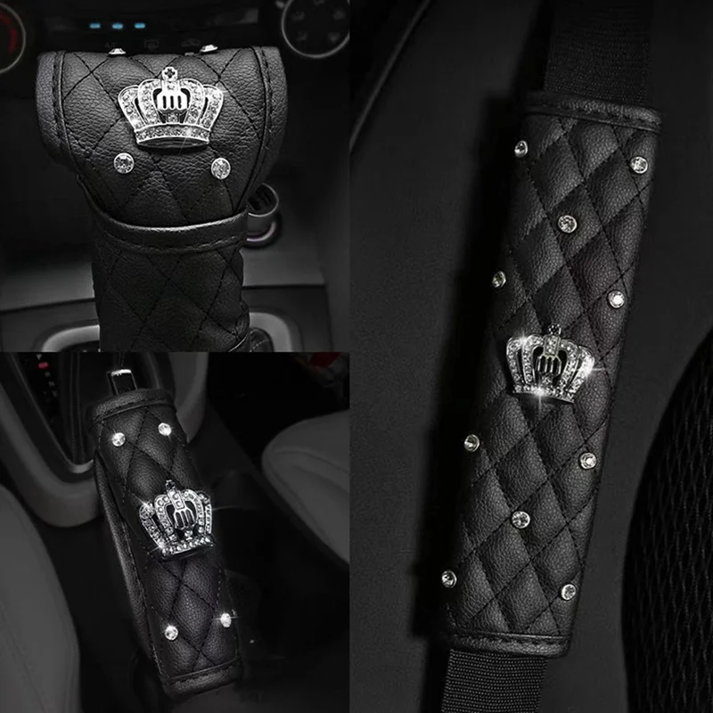 Car Seat Belt Cover Leather Seat Belt Shoulder Pad Crown Crystal Rhinestones Diamond Shifter Gear Cover Hand Brake Covers Sets