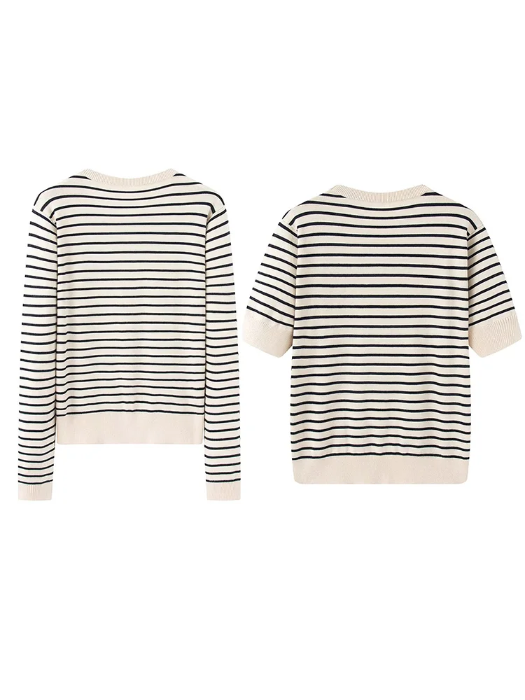 HH レディース エレガント ニット 2ピーススーツ Oネック 半袖トップス+ストライプ柄 シングルブレスト 長袖 冬用カーディガン セーターコート