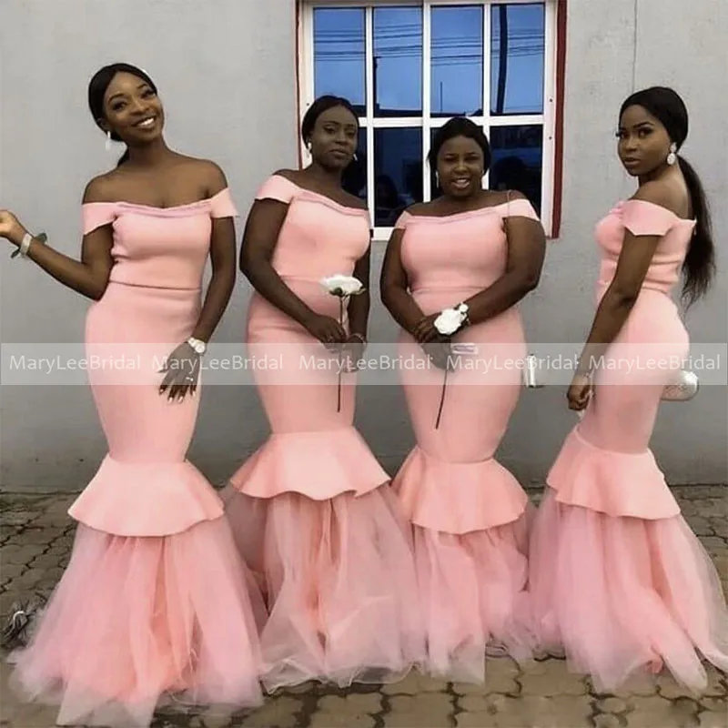 

African Women Flesh Pink Bridesmaid Dresses Boat Neck Short Sleeve Mermaid Long Bride Maids Dress robe de soirée de mariage 2022