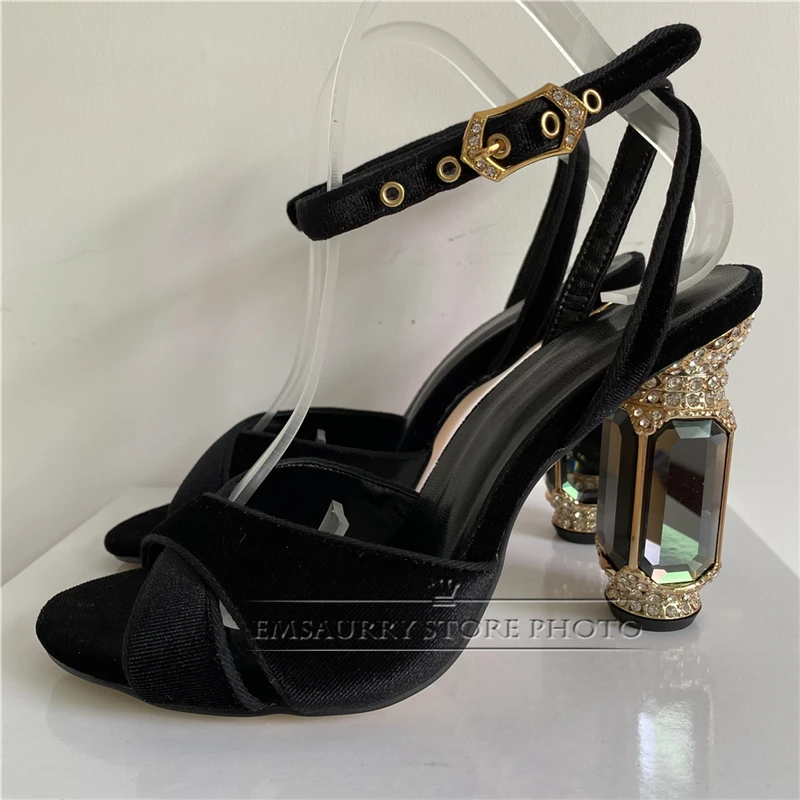 Luxury Velvet Cross Band Sandals Women Ankle Strap Jeweled Crystal Diamond High Heel Summer Shoes For Girls