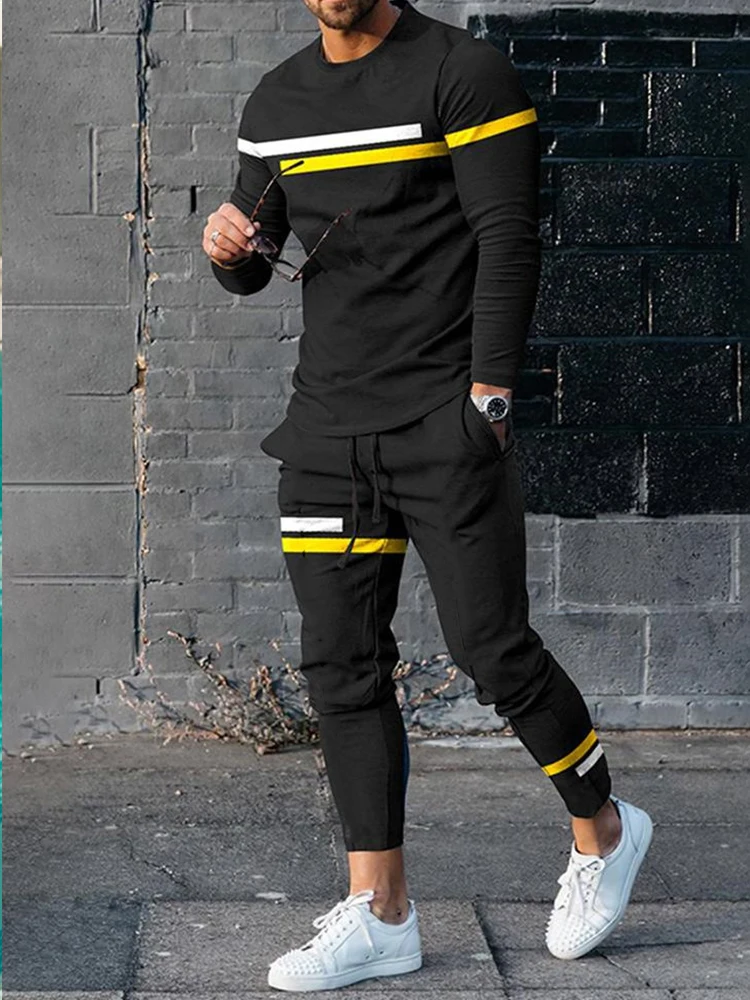 Striped Men\'s Trousers Tracksuit 2 Piece Set Fashion Sportswear Spring Streetwear Long Sleeve T Shirt Oversized Men Clothing