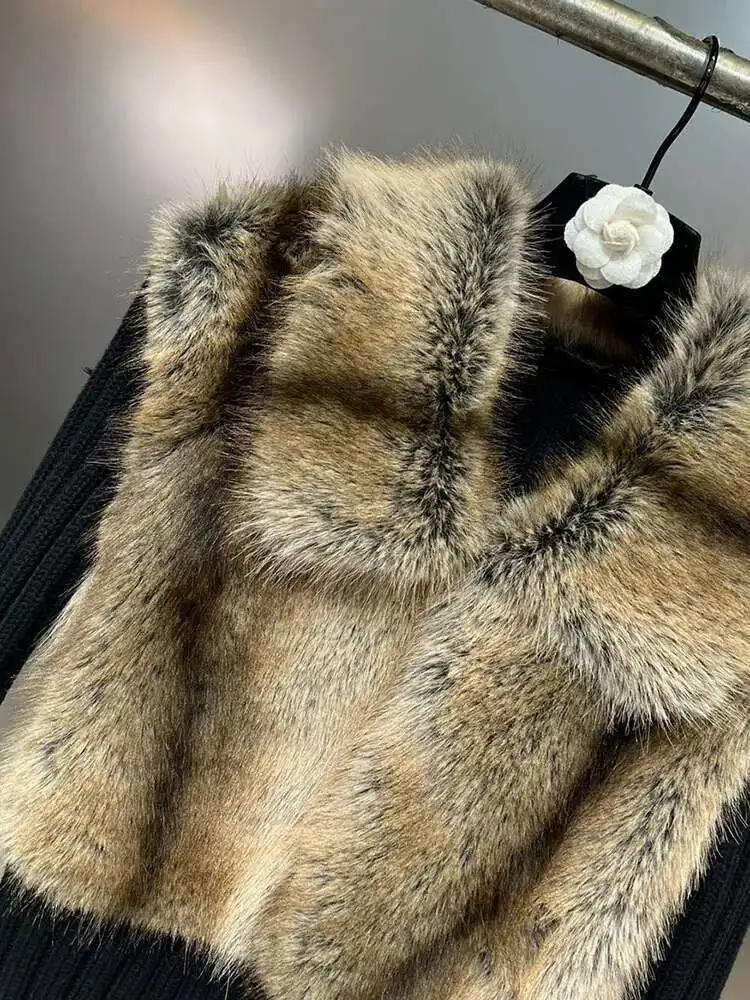DEAT Fashion Women's Spliced Fake Fox Plush Knitted Cardigan 2024