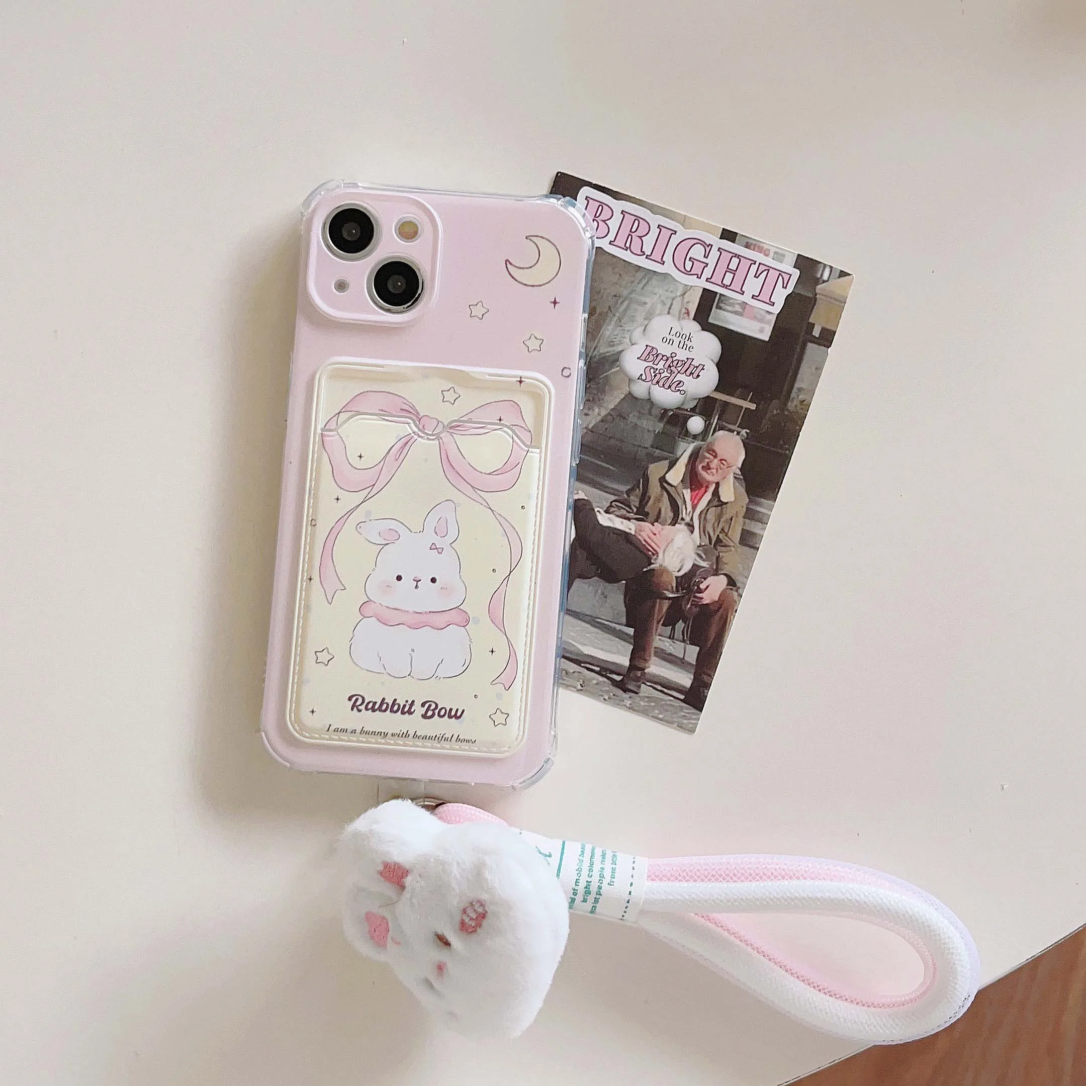 Cute Pink Bow Rabbit Card Bag Phone Case For Iphone 13 11 14Pro 15ProMax 13Pro 12 14 15 Pro Max 13ProMax Plush Bunny Rope Cover