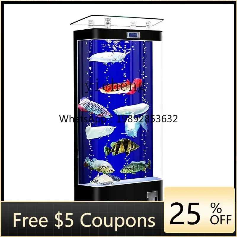 

fish tank living room TV cabinet next to floor-to-ceiling square aquarium back filter household goldfish tank
