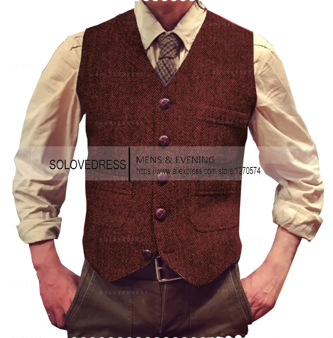 V Neck Men\'s Suits Vest  Herringbone Tweed  Formal Business Waistcoat Vest For Men For Wedding