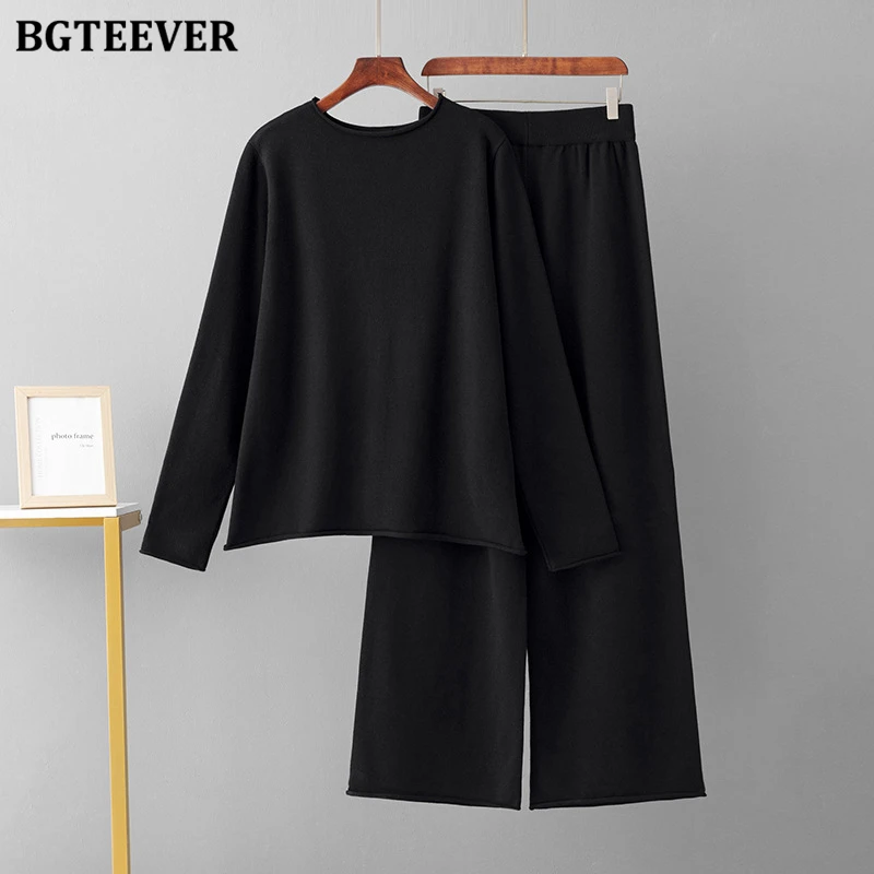 BGTEEVER Autumn Winter Casual Ladies 2 Pieces Sweater Outfits Long Sleeve O-neck Knitted Pullovers & High Waist Wide Leg Pants