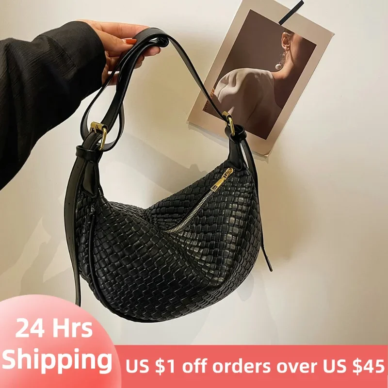 Women Daily Shoulder Bag Woven Simple Crescent Hobo Bag Female Solid Color Stylish Crossbody Bag Casual Handbag Commuting Bag