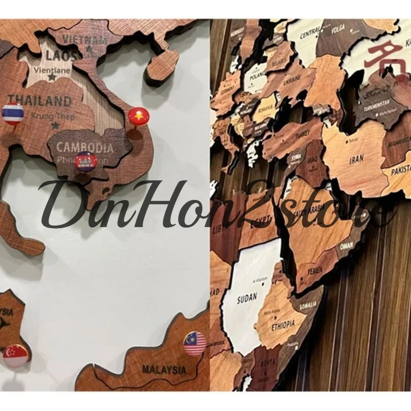 Solid wood world map travel Nordic living room background wall decoration large decorative paintings office school 3D stereo.