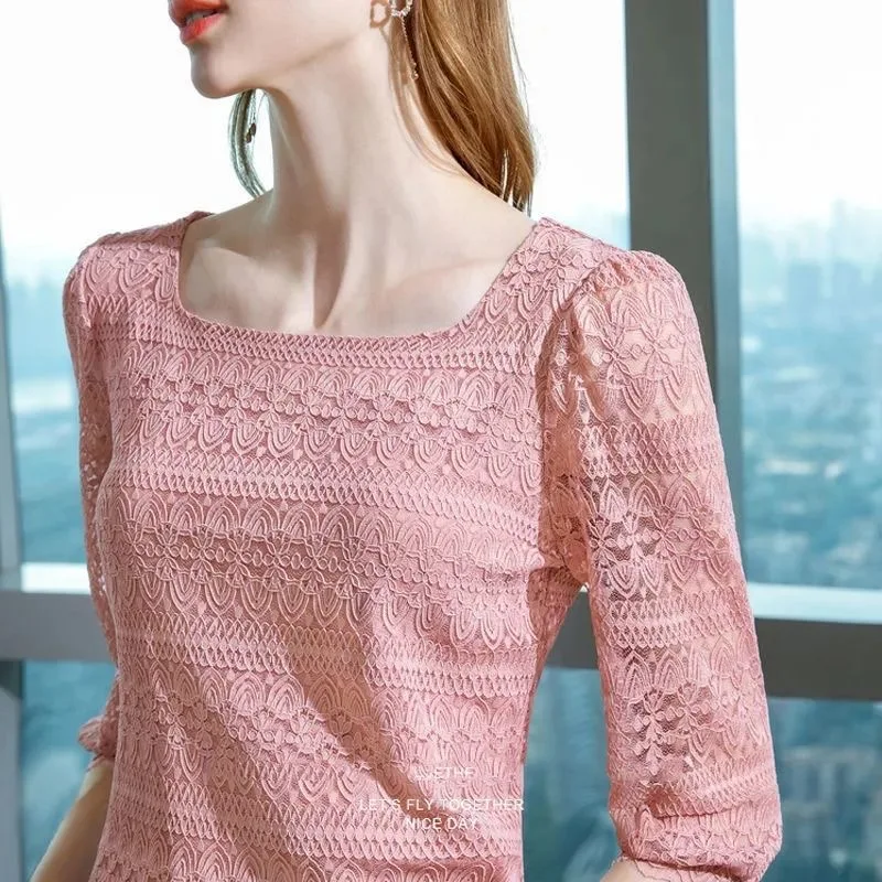 

Woman Spring Summer Style Lace Blouses Shirts Lady Casual Half Sleeve Square Collar Blusas Tops G2621