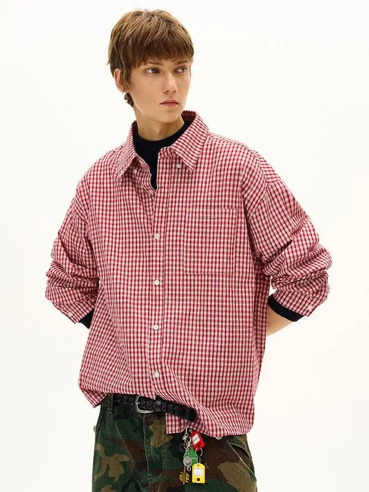 

Classic American Red And White Plaid Long Sve Loose Casual irt Men's Turn-down Collar Cheered Spring Faion Couple's ...