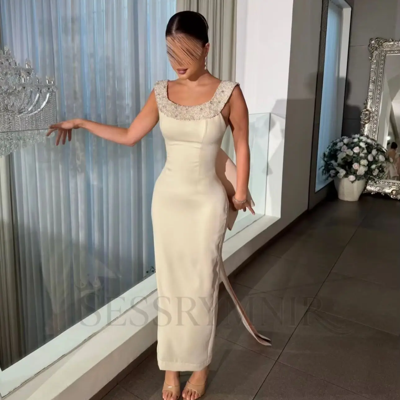 

SESSRYMNIR Women'S Formal Evening Gowns Customize Sheath Beige Evening Dresses Scoop Neckline Floor-Length Sleeveless Prom Dress