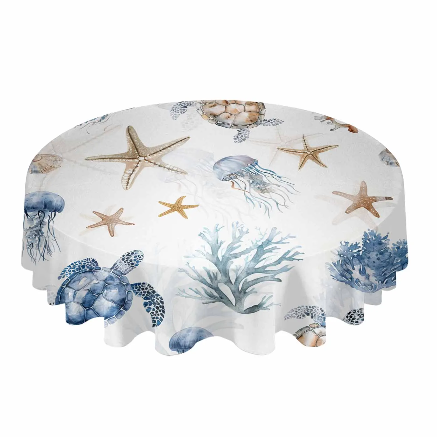 Sea Turtle Coral Jellyfish Round Table Cloth Festival Dining Tablecloth Waterproof Table Cover for Wedding Party Decor