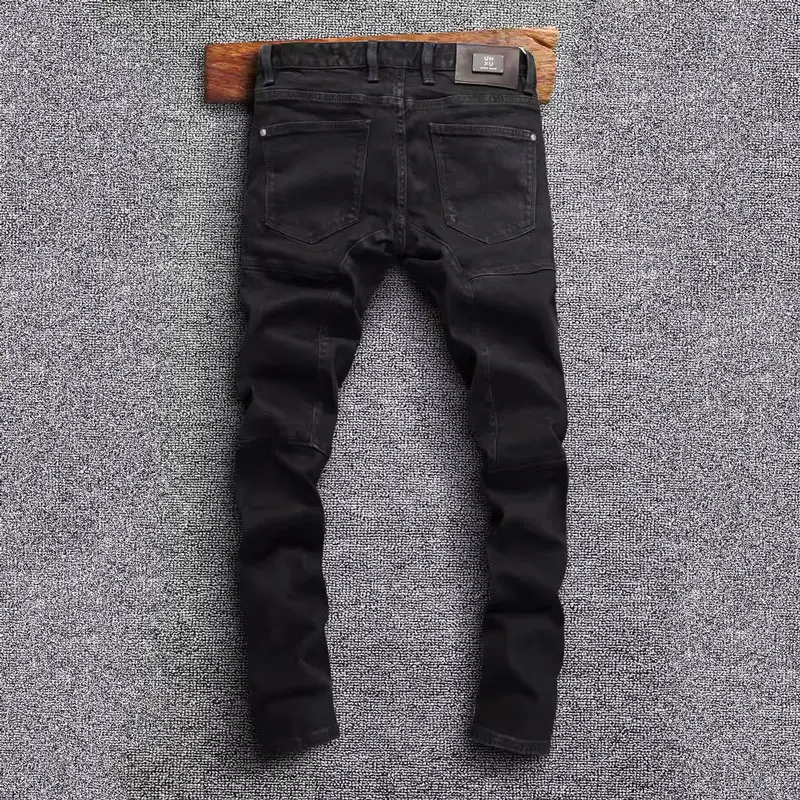 High Street Fashion Men's Jeans Water Washed Elastic Slim Fit Retro Black Split Jeans Designer Hip Hop Brand Pants