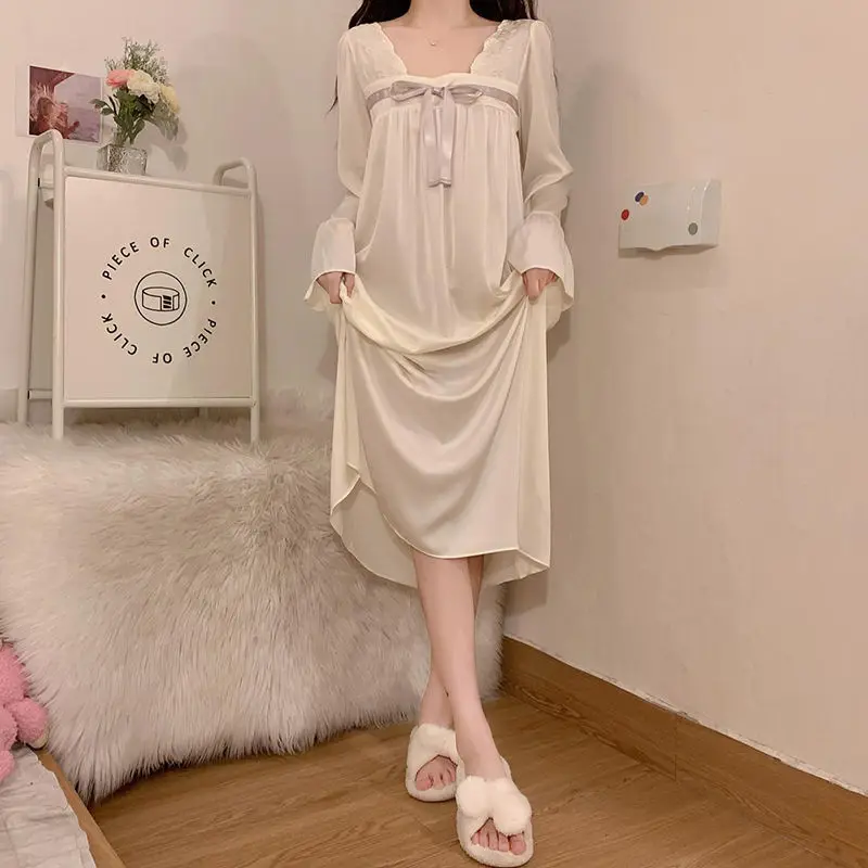 Nightgowns Women Sweet Square Collar Sexy Nightdress Spring Autumn Vintage Classy Female Long Sleeve Sleepwear Lovely Homewear