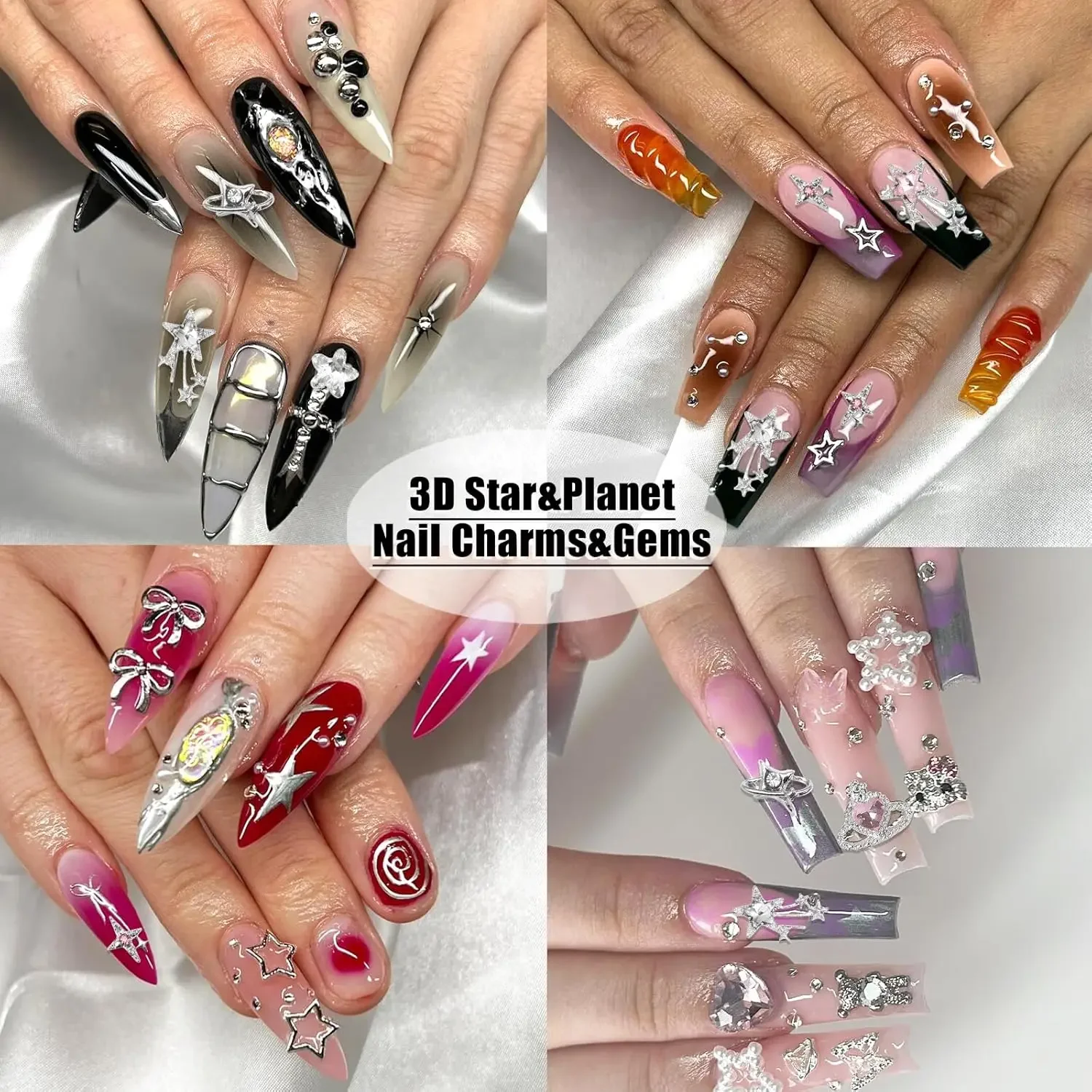 40個入り スターネイルチャーム シルバー 3Dスターチャーム ピンクネイルラインストーン 多様なスタイル ネイルアートジュエリー ダングルスター ネイルデコレーション Y2K