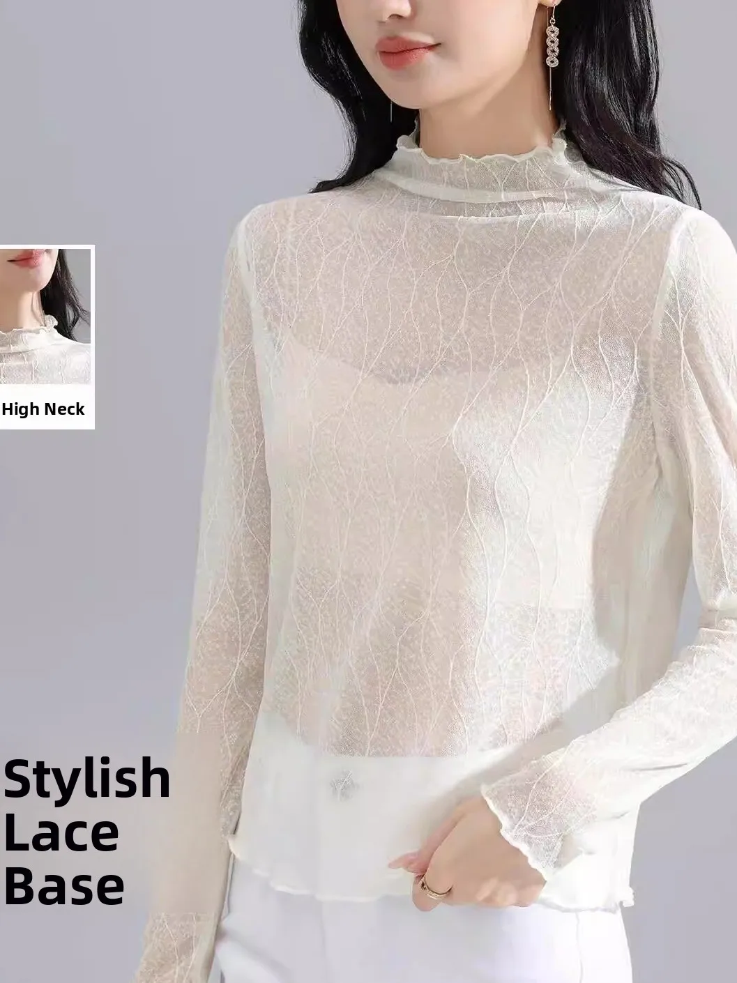 

Women's Lace Shirt Half High Collar Long Sleeve Mesh Base Shirt Inner Wear Spring Summer Apricot Color Can Be Worn outside