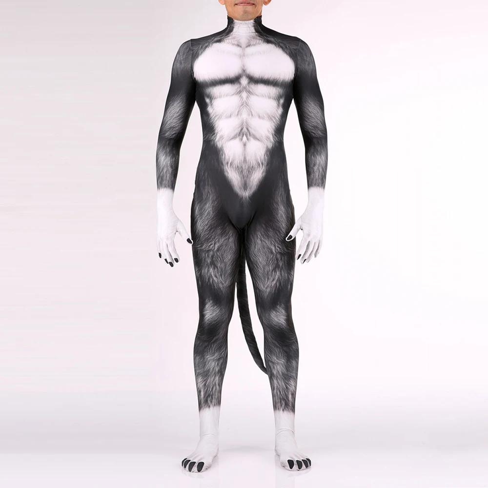 Halloween Animal Fox Pattern Cosplay Costume body divertente con coda Skintight ClothesAdult Party Man tuta a maniche lunghe