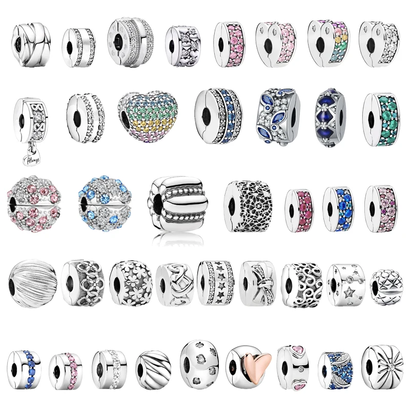 Pink，Blue Clear Sparkling Row Clip & Freehand Heart Clip Charm Beads Fit Original European 925 Silver Bracelet DIY Women Jewelry