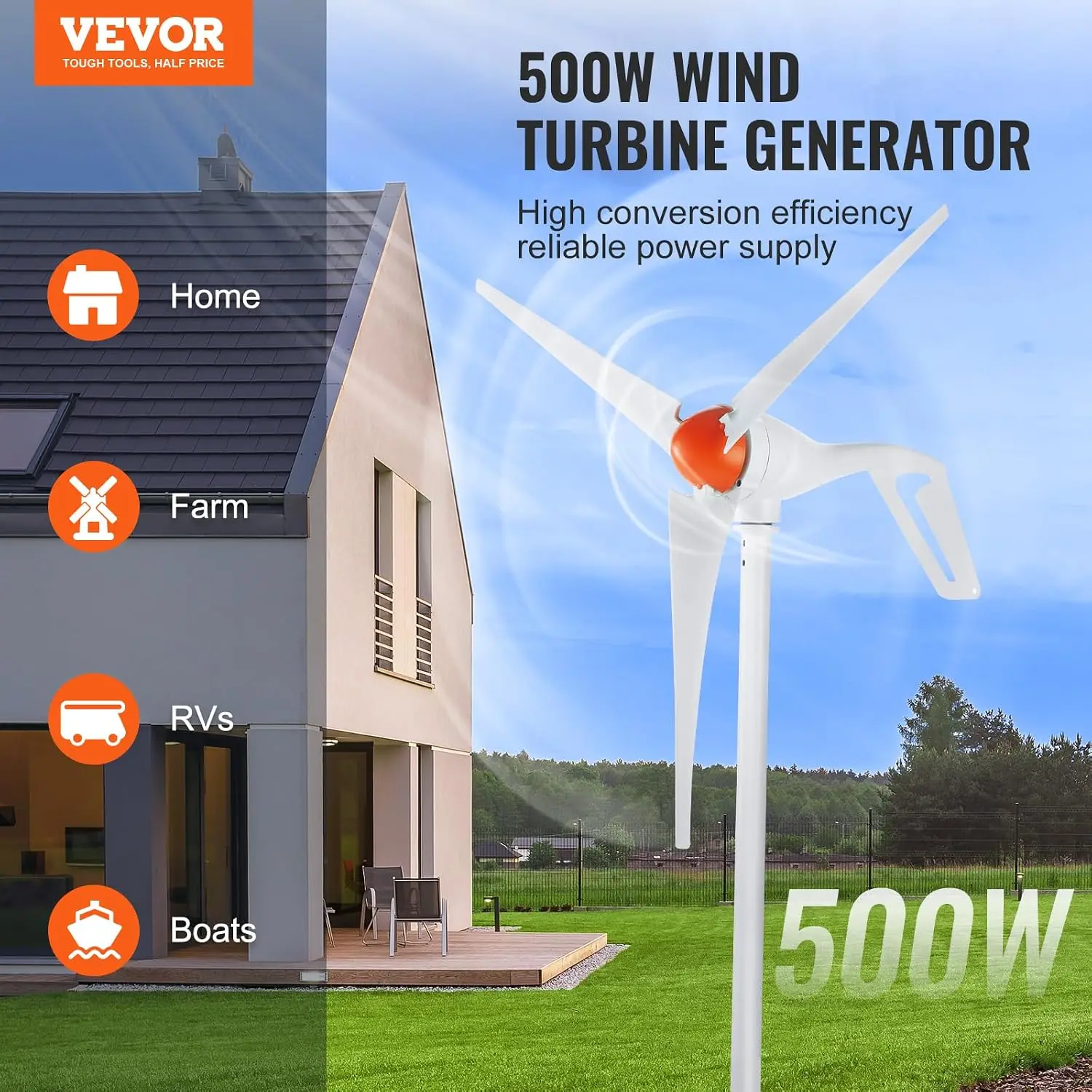 500W Wind Turbine Generator, 12V Wind Turbine Kit with MPPT Controller, 3-Blade Wind Power Generator with Adjustable Windward Di