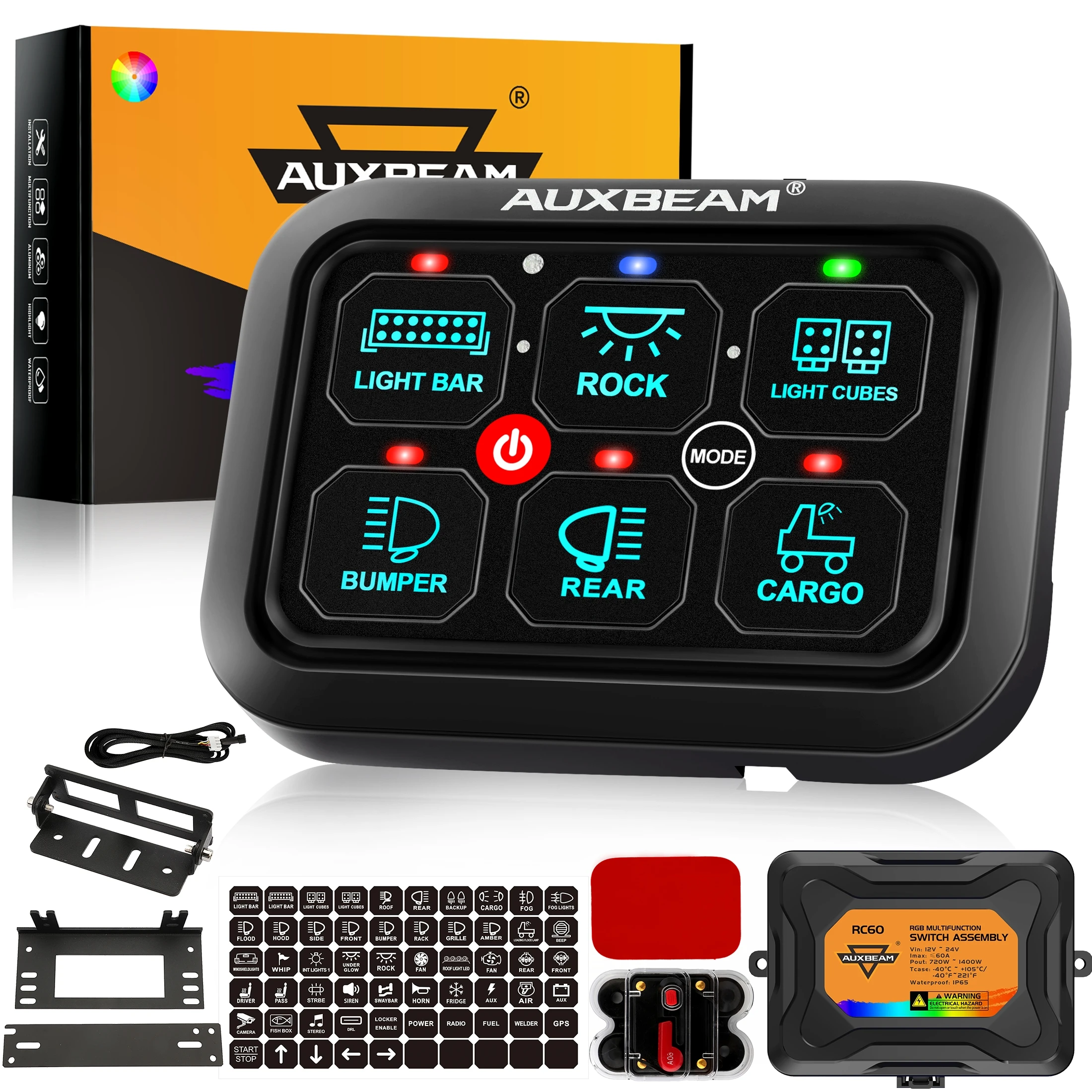 AUXBEAM RA60 12V 24V RGB 6 Gangs Switch Panel with Toggle Momentary Pulsed Mode Electronic Relay System Switch Board