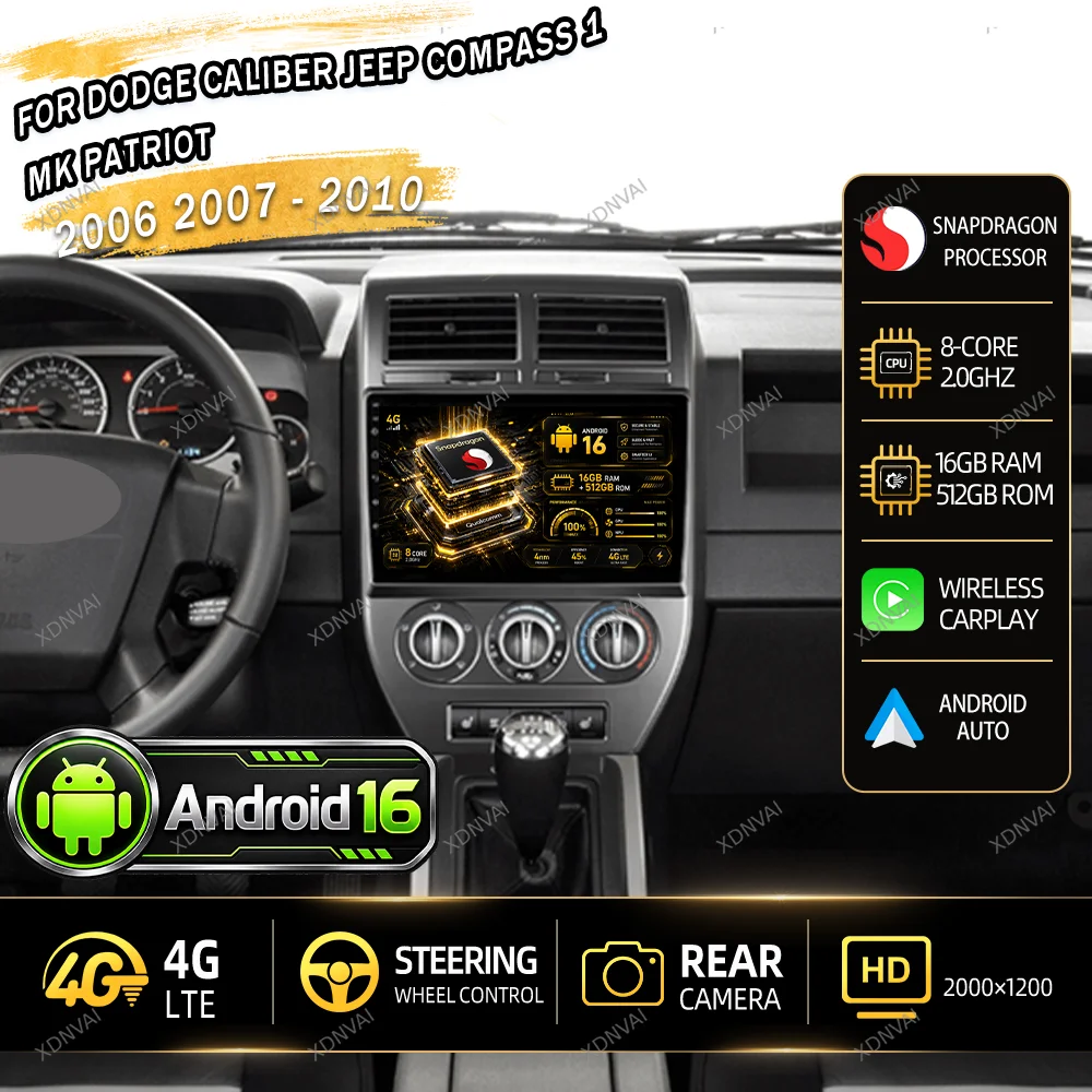 Android 16 Video Player Car Radio For Dodge Caliber Jeep Compass 1 MK Patriot 2006 2007 - 2010 Multimedia Navigation Carplay DSP