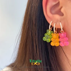 Rainbow Resin Gummy Bear Zircon Dangle Earrings for Women Girls Gold Color Cartoon Animal Teddy Bear Hoop Drop Earring Jewelry