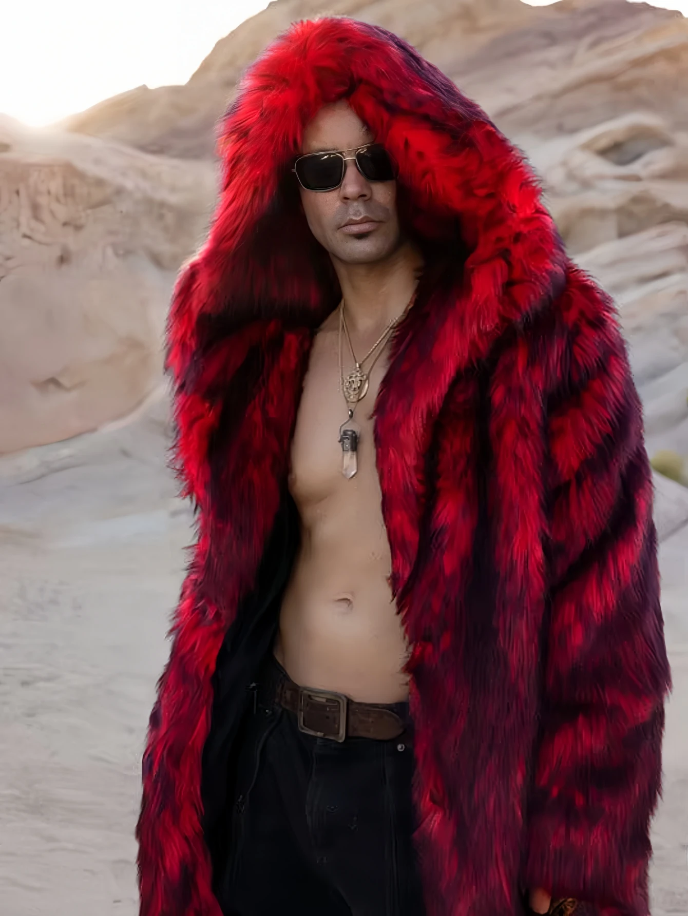 معطف خريف/شتاء طويل دافئ منفوش من الفرو الصناعي معطف أحمر للرجال بأكمام طويلة عالي الجودة معطف منفوش فاخر