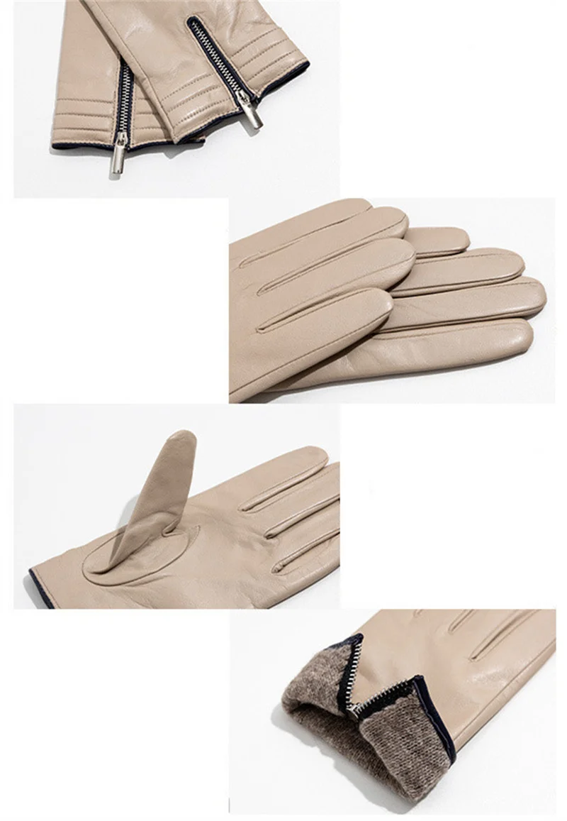 قفاز نسائي من الجلد الطبيعي وبطانة من الصوف بسحاب بيج، قفاز نسائي سميك ودافئ من جلد الغنم بشاشة لمس للقيادة