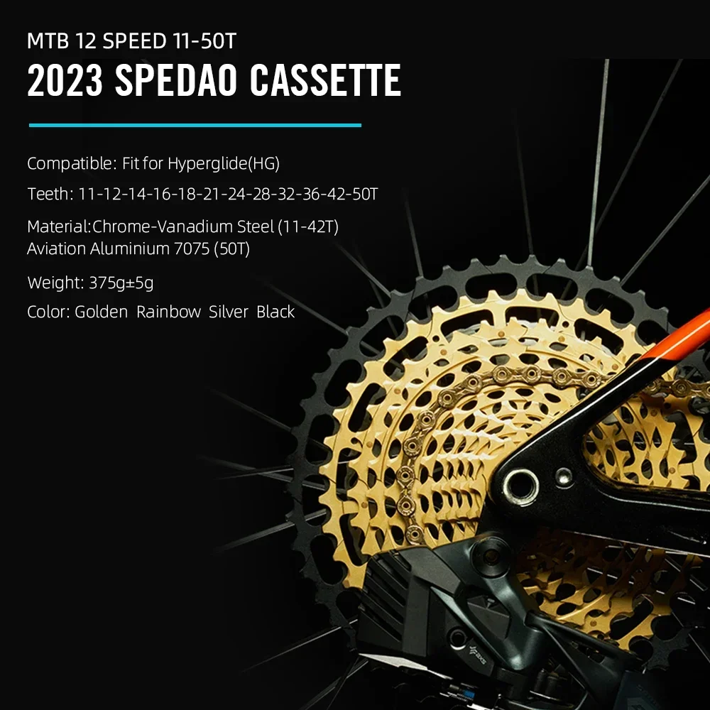 SPEDAO Goldene Fahrradkassette 12 Gang/SUMC-Kette 10–50 Zähne 11–50 Zähne 12 V MTB-Freilauf für SRAM-XD/HG-Nabe CNC-MTB-Kassette
