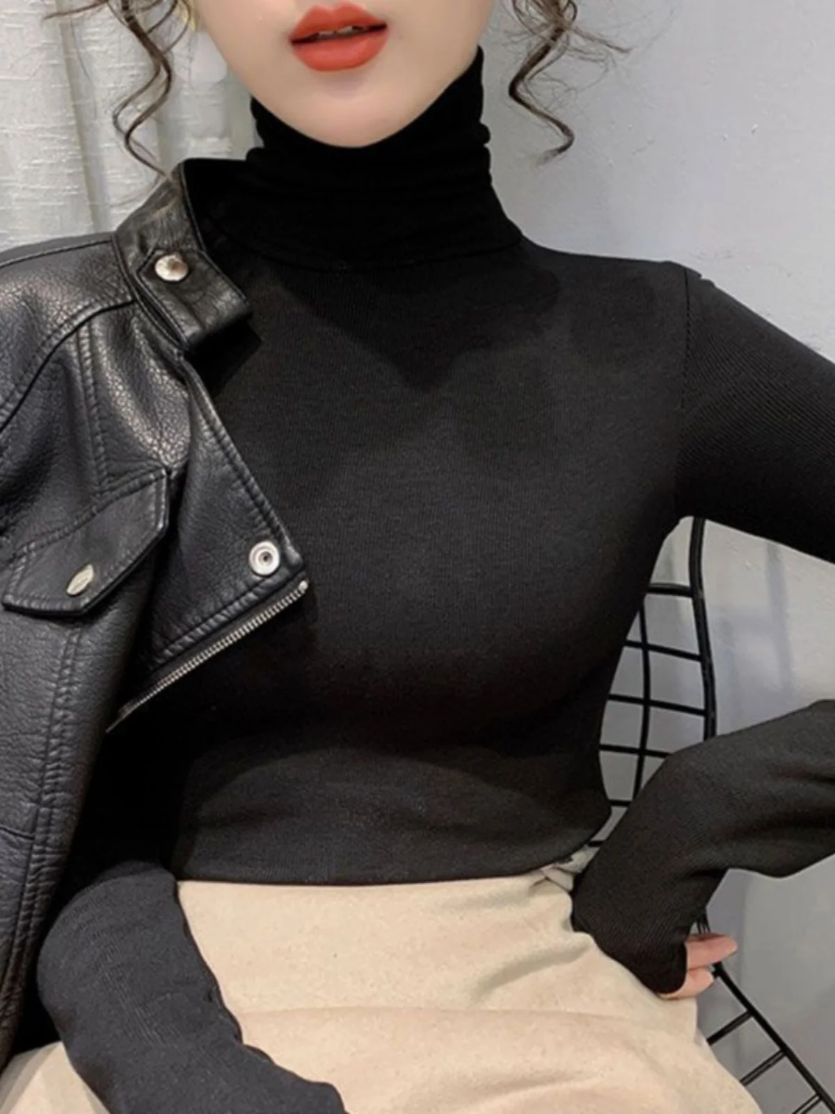 Faionable Thiened Fce Collo alto Lungo Sve Base irt T-shirt slim fit autunno inverno da donna Casual Sle Abbigliamento interno