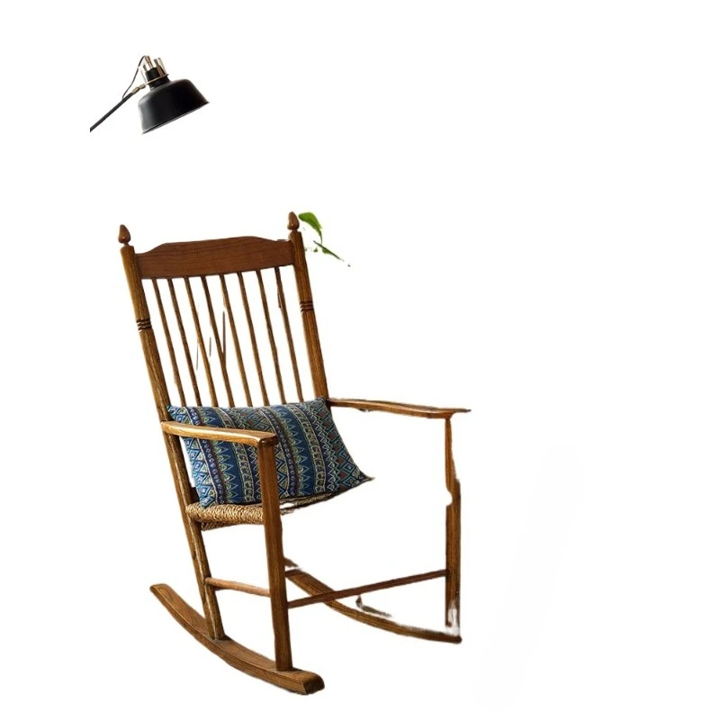

Solid wood rocking chair rattan recliner retro balcony leisure chair free courtyard rocking
