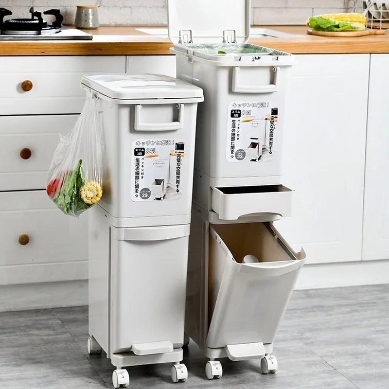 

29/32L Wet Dry Separation Garbage Can Pedal Storage Large 2/3 Layers Trash Can Save Space Kitchen Household Waste Bin with Wheel