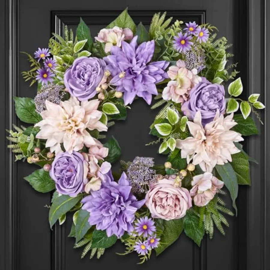 

24 Inch Spring Wreath for Front Door with Roses Dahlias Silk Flowers with Berry Greenery for All Seasons Indoor Outdoor Porch W