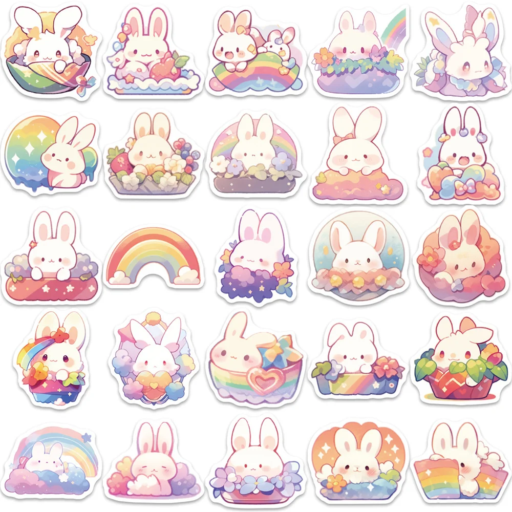 Cartoon Rainbow Rabbit Stickers for Children, Scrapbooking Material, Cute Stickers for Laptop, Suitcase, iPad, Phone, 50Pcs