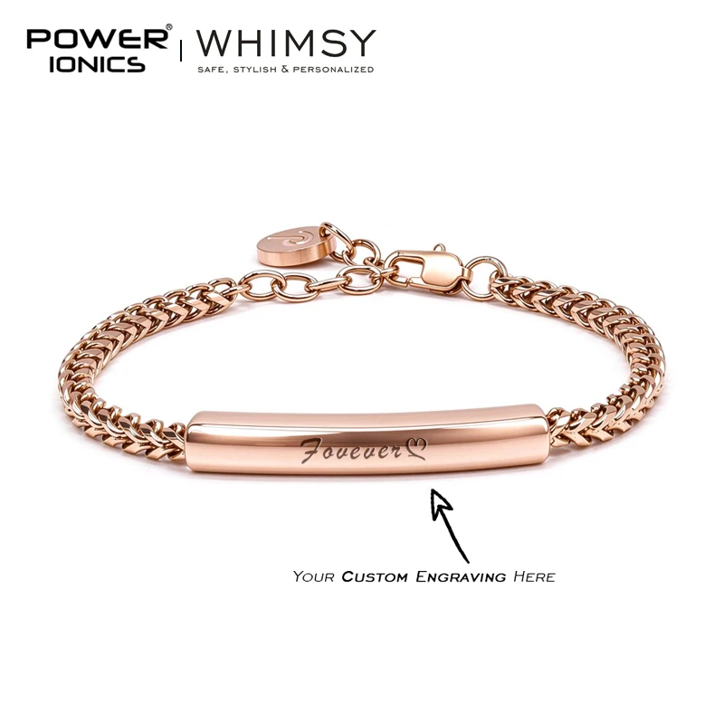 POWER IONICS Personalized ID Bar Bracelet Custom Engraved 316L Stainless Steel Cuban Chain Rose Gold Black Gift for Couples
