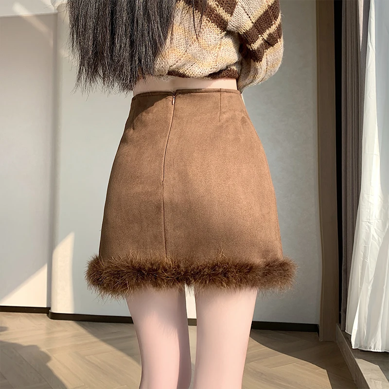 Retro Pittig Meisje Herten Huid Fluwelen Herfst Winter Nieuwe Sle A-lijn Rok Wrap Body f-lengte Rok Hoge Taille ort Rok