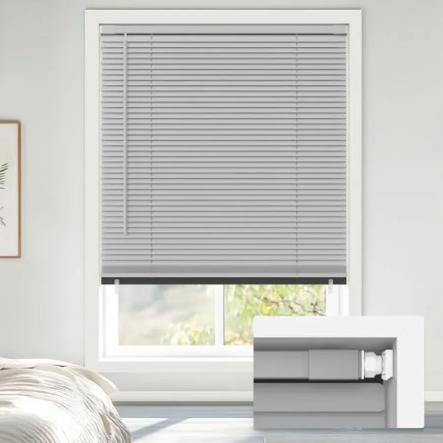 

No Tools No Drill Cordless 1" Vinyl Mini Blinds, 100% out Blinds for Indoor Windows, Room Darkening Privacy Window Blinds and S