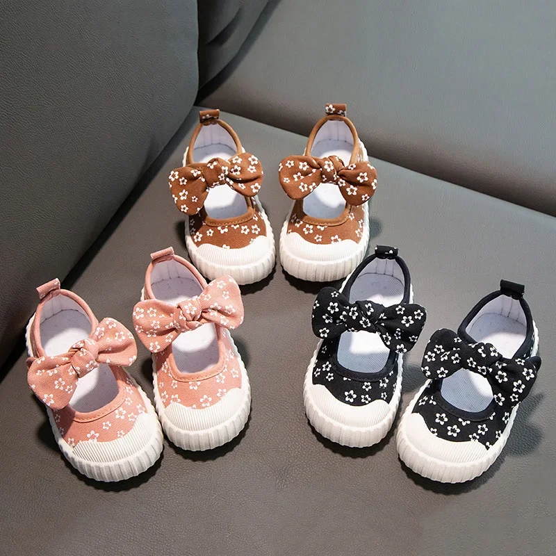 Baby Bowtie Shoes Children Spring Autumn Soft Sole Comfortable Canvas Shoes Kids Kindergarten Korean Fashion Girl Princess Shoes